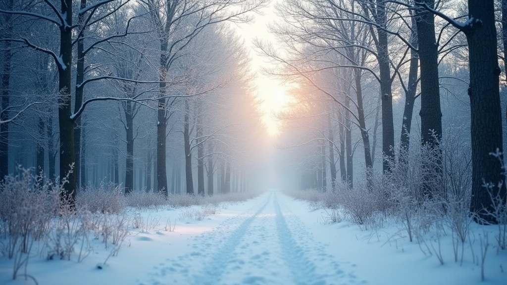 This image showcases a serene winter scene where the first snow blankets a peaceful path through the woods. The surrounding trees are coated in white, creating a dreamlike quality. Soft light filters through the branches, hinting at the sun's presence in the distance. There's a sense of tranquility in the air, as gentle snowflakes lightly fall from the sky. The pathway invites viewers to explore this stunning landscape, where nature is at its most beautiful in winter.