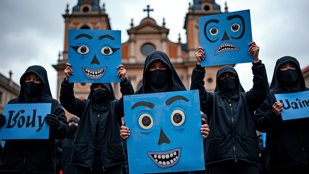 Individuals in dark outfits hold blue placards with expressive cartoon faces in front of a historic building.