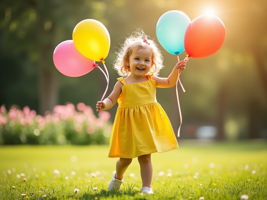 A little girl in a yellow dress is joyfully running with colorful balloons in a sunlit park.