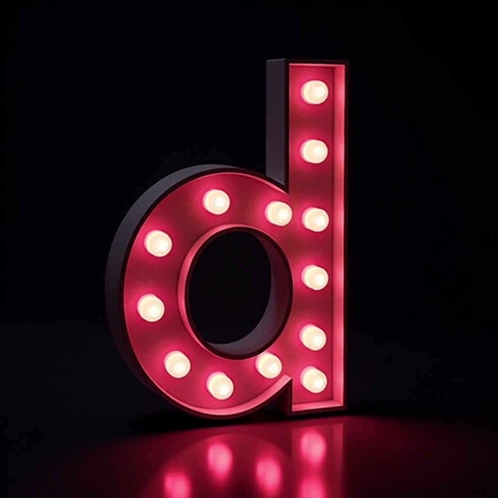 The image features a letter 'd' made of vibrant, glowing dots in a dark space. The letter is designed to capture attention with its bright red lights. The reflective surface enhances the visual appeal, highlighting the contours of the letter. This scene creates an inviting atmosphere, suitable for various promotional materials. It is perfect for events or branding that require a modern touch.