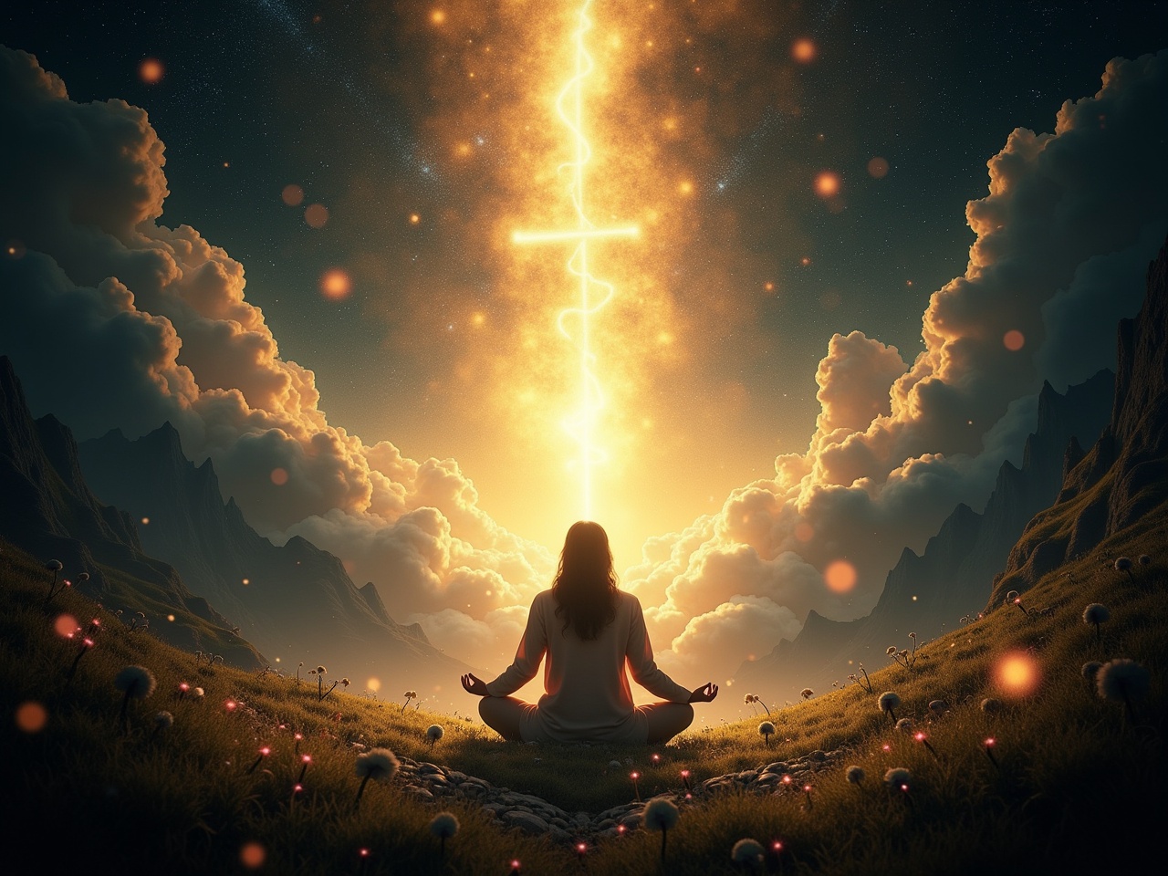 The scene represents the journey of spiritual awakening as a profound and inspiring transformation. In the center is an individual in a meditation posture, radiating golden and silver light. They are surrounded by a grand, mystical landscape that evokes peace and harmony. Waves of light emanate from the figure, spreading across a lush terrain. Additional elements include symbols like luminous flowers and animals, enhancing the magical atmosphere. Ornamental details in gold and silver highlight the depth of this spiritual journey.