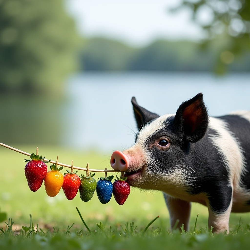 The image features a playful pig with a unique twist. The pig is holding a skewer filled with colorful strawberries. The backdrop is a serene nature scene, likely near a lake, with soft focus emphasizing the subject. The pig's features are endearing, drawing attention to its expression as it enjoys the fruit. The brightness of the colors enhances the whimsical nature of the scene. Overall, it conveys a sense of joy and simplicity in nature.