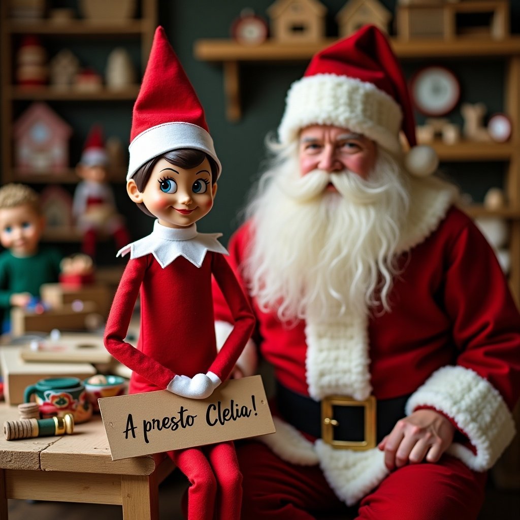 Elf on the shelf in traditional red outfit white trim white collar holding a sign saying 'A presto Clelia!' sitting with Santa in toy workshop surrounded by toys being made