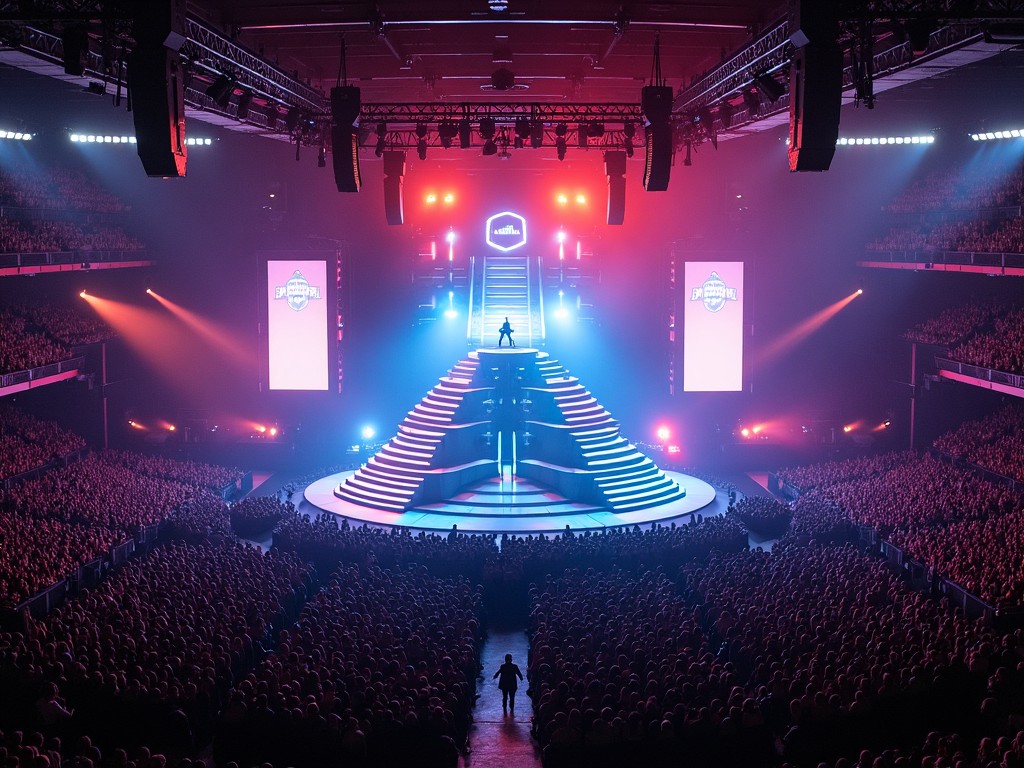 This image depicts a large-scale concert setting. The stage is designed in a pyramid shape, creating a dramatic focal point. Bright lights in blue, pink, and red illuminate the performance area, enhancing the overall atmosphere. A dense crowd fills the venue, highlighting the excitement of the event. The layout of the venue allows for a spectacular view from above, with vivid lighting and a dynamic stage design.