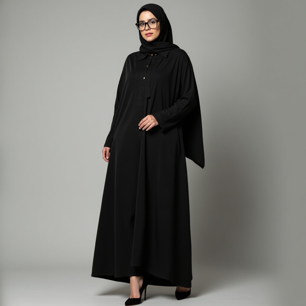 This image features a person wearing a black niqab, exuding elegance and confidence. The figure is adorned with stylish high heels, adding a modern twist to the traditional attire. The clothing is draped gracefully, creating a sense of fluidity. The individual also wears glasses, enhancing their sophisticated look. The monochrome color palette draws attention to the outfit's cut and design. The soft lighting highlights the textures while maintaining a clean background. It's an empowering representation of contemporary modest fashion, suitable for various marketing and editorial uses.