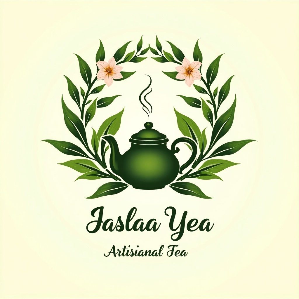 Vibrant label design for artisanal tea. Features green tea leaves and jasmine flowers. Central teapot with steam. Light pastel background. Elegant brand name in calligraphy.