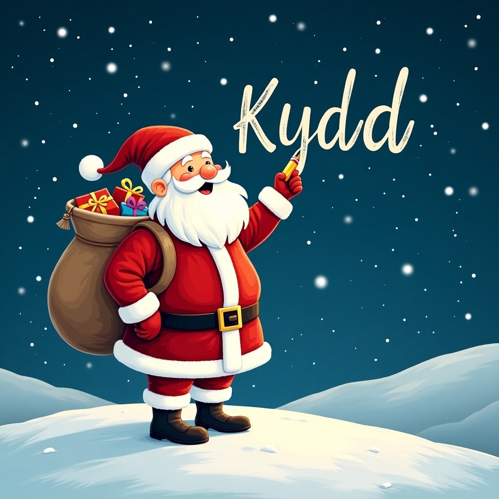 Santa Claus stands on snowy hill. He writes names in the sky with a pencil. He is dressed in red and white. A large sack of gifts is on his back. The name Kydd is in whimsical font.