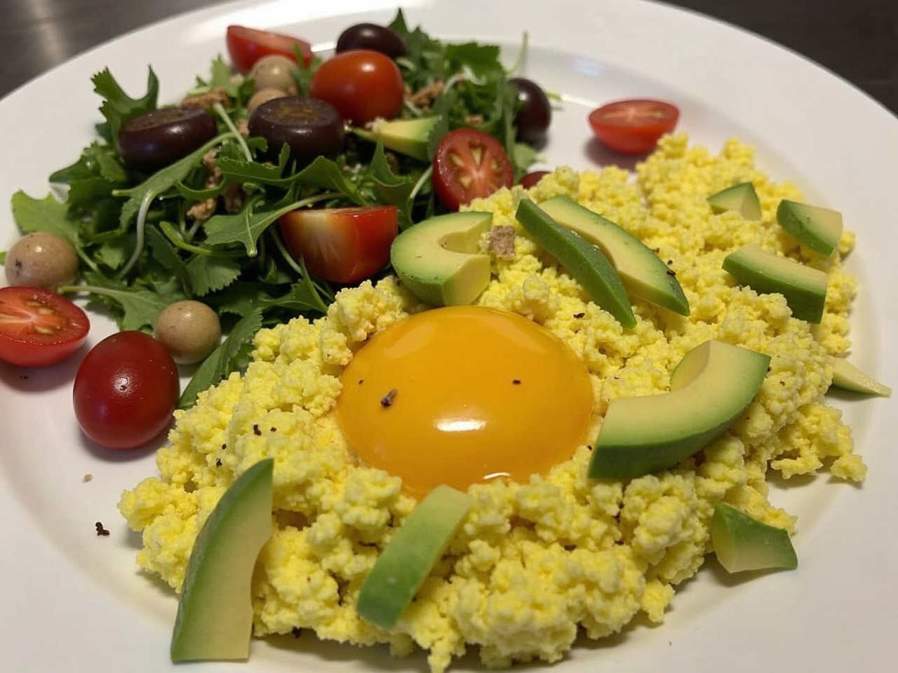 The dish features fluffy scrambled eggs placed artistically to encircle a bright orange egg yolk. Nestled among the egg dish is sliced avocado, adding a fresh green contrast. Beside the eggs is a side salad, showcasing a mix of dark greens topped with cherry tomatoes and other small vegetables. The combination of textures and colors creates an appealing and healthy meal option. This image is ideal for promoting nutritious eating and simple recipe ideas.