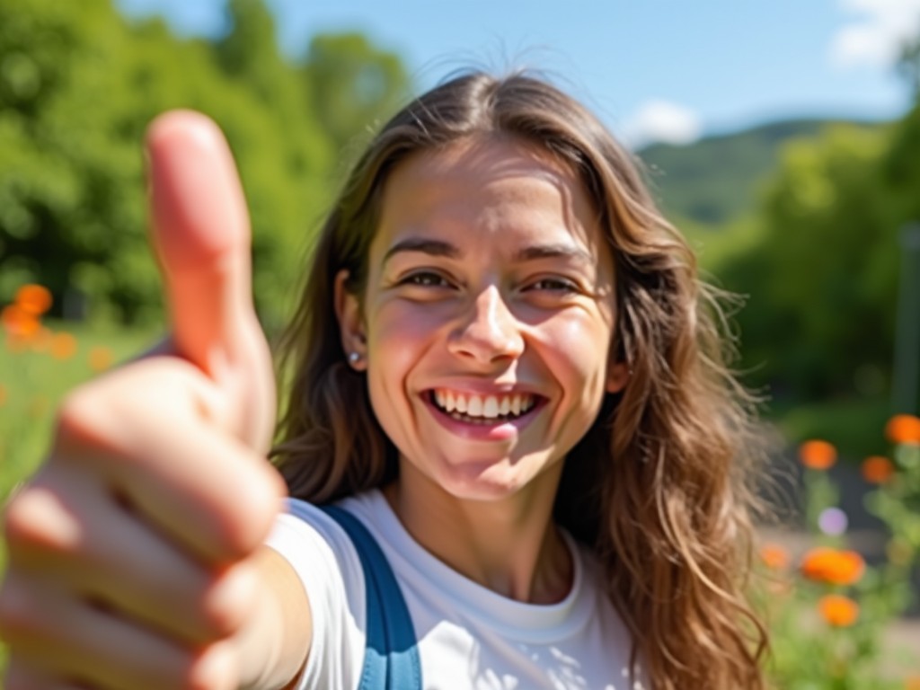 In this image, a young woman is taking a selfie outdoors, smiling widely while giving a thumbs-up gesture. The background features a green landscape with orange flowers, indicating a bright and cheerful day. She has long, wavy hair and is wearing a casual white t-shirt, embodying a friendly and approachable vibe. The lighting is bright and natural, enhancing her cheerful expression. This image radiates positivity and invites viewers to share in her joyful experience.