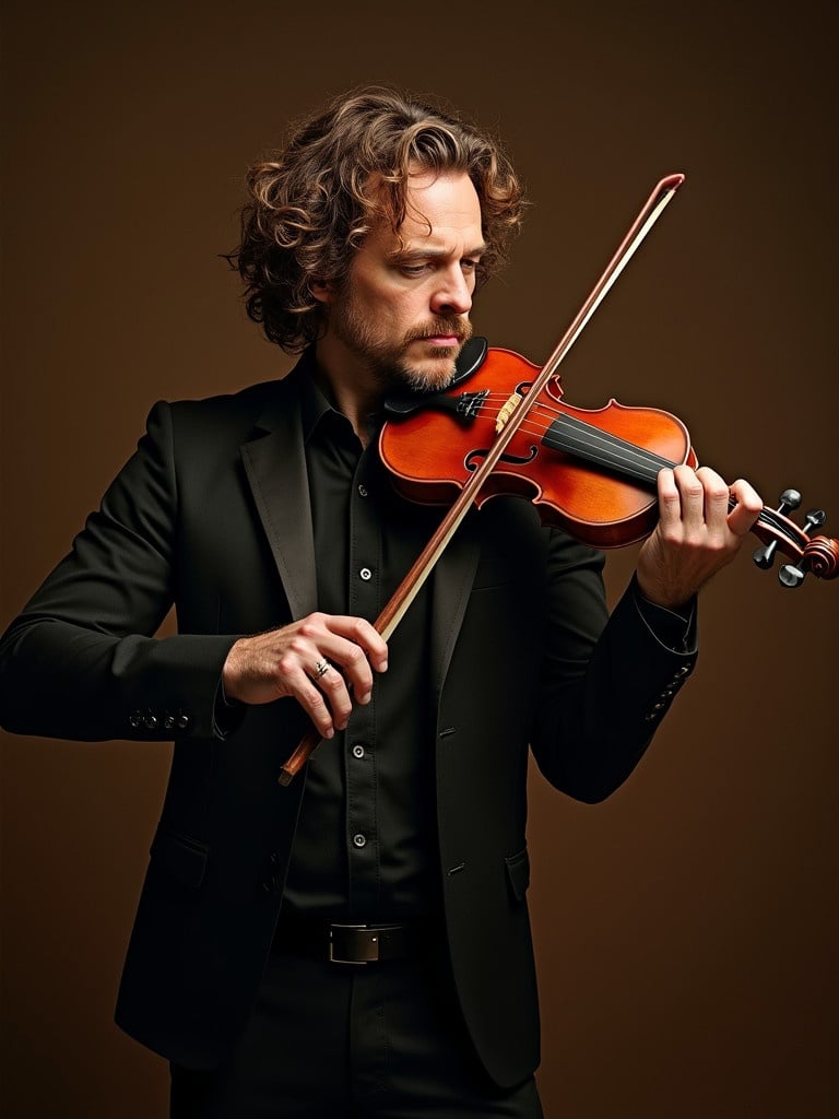 A male musician plays the violin elegantly. The musician wears a formal suit. The setting has a warm, brown background. Soft lighting highlights the violin and the hands. The focus is on the performance.