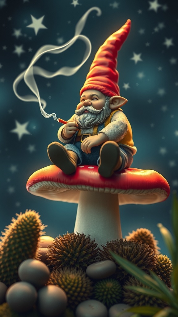 A whimsical gnome sits peacefully on a mushroom, smoking a pipe under a starry sky.