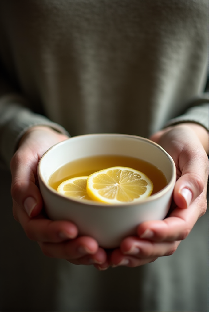 A person holds a bowl of tea, garnished with lemon slices, against a soft, blurred background.