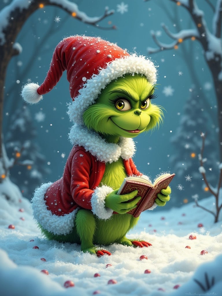 The Grinch character in a red Santa hat and coat. Sitting in the snow holding a book. Snowflakes falling around. Background has trees and lights.