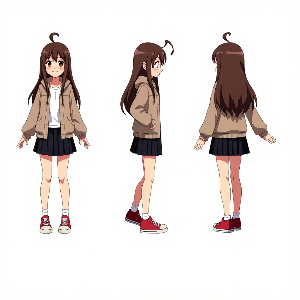 Anime-style character sheet features cheerful woman with long brown hair. She wears a jacket, black skirt, red sneakers. Shows front, side, back views.