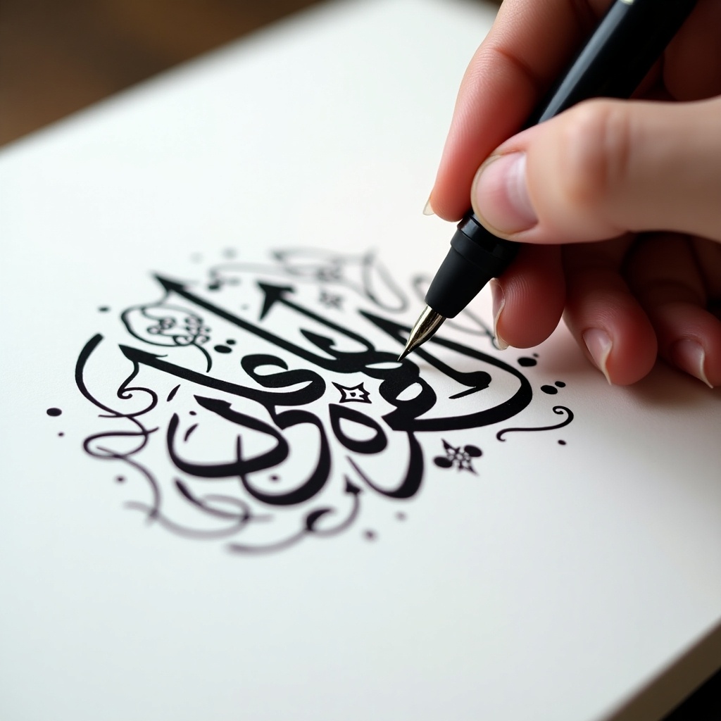 Close-up of a hand writing Arabic calligraphy with a pen. Calligraphy features the name Azrah in bold black ink on white paper. Hand is steady and focused. Surrounding designs enhance artwork. Soft lighting highlights pen strokes.