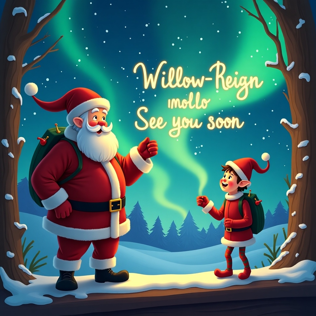 The image features Santa Claus and a cheerful elf on the shelf enjoying a winter scene. Santa, with his iconic red suit and white beard, stands in a snowy landscape, illuminated by beautiful northern lights. The elf, wearing a green outfit and a whimsical hat, is reaching out to Santa with excitement. Above them, glowing text reads 'Willow-Reign Mollo See you soon', adding to the festive atmosphere. This enchanting scene captures the joy and wonder of the holiday season, perfect for kids and families.