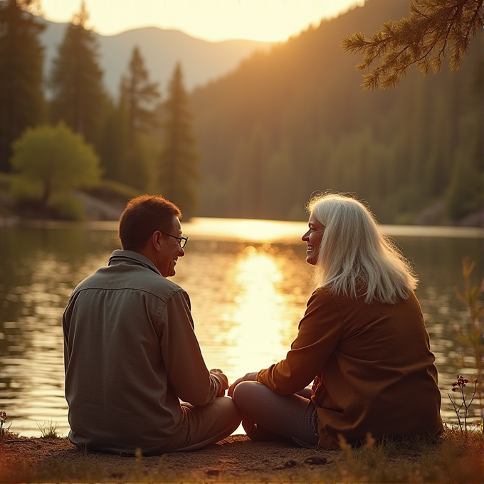 An older couple sits by a serene lake at sunset, surrounded by trees and mountain silhouettes.