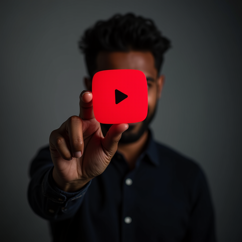 A person holding a red object with a play button, resembling a YouTube icon, in focus.