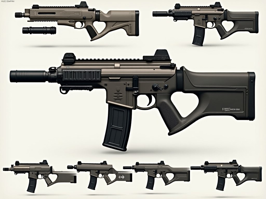 The image showcases a fictional firearm designed with a sleek, tactical look, inspired by the KAC PDW. The central rifle is presented in profile, utilizing a fictional 5.76x42mm cartridge. Its design features a shortened barrel, an integrated rail system, and compatibility for suppressors, emphasizing its tactical capabilities. Surrounding the main rifle are smaller images displaying different angles and potential customizations, further showcasing its versatility. The color palette consists of metallic shades and black accents, giving the weapon a realistic appearance. This image serves as a concept visualization for its use in video games or media with military themes.