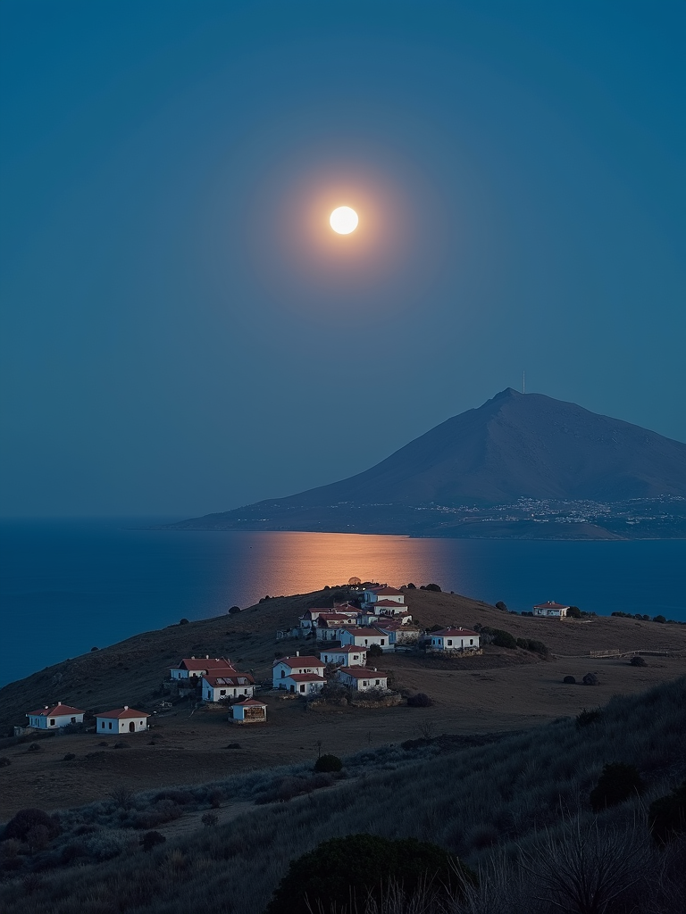 A serene night scene shows a coastal village with red-roofed houses under a glowing full moon, reflecting on the calm sea with a silhouetted mountain in the background.