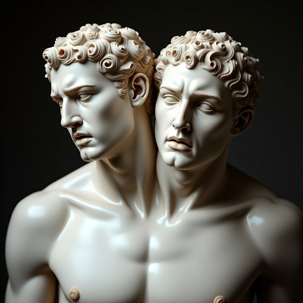 Sculpture of a muscular Roman statue featuring two heads on one body. One head expresses anger and the other satisfaction. Focus on the craftsmanship and emotional contrast.