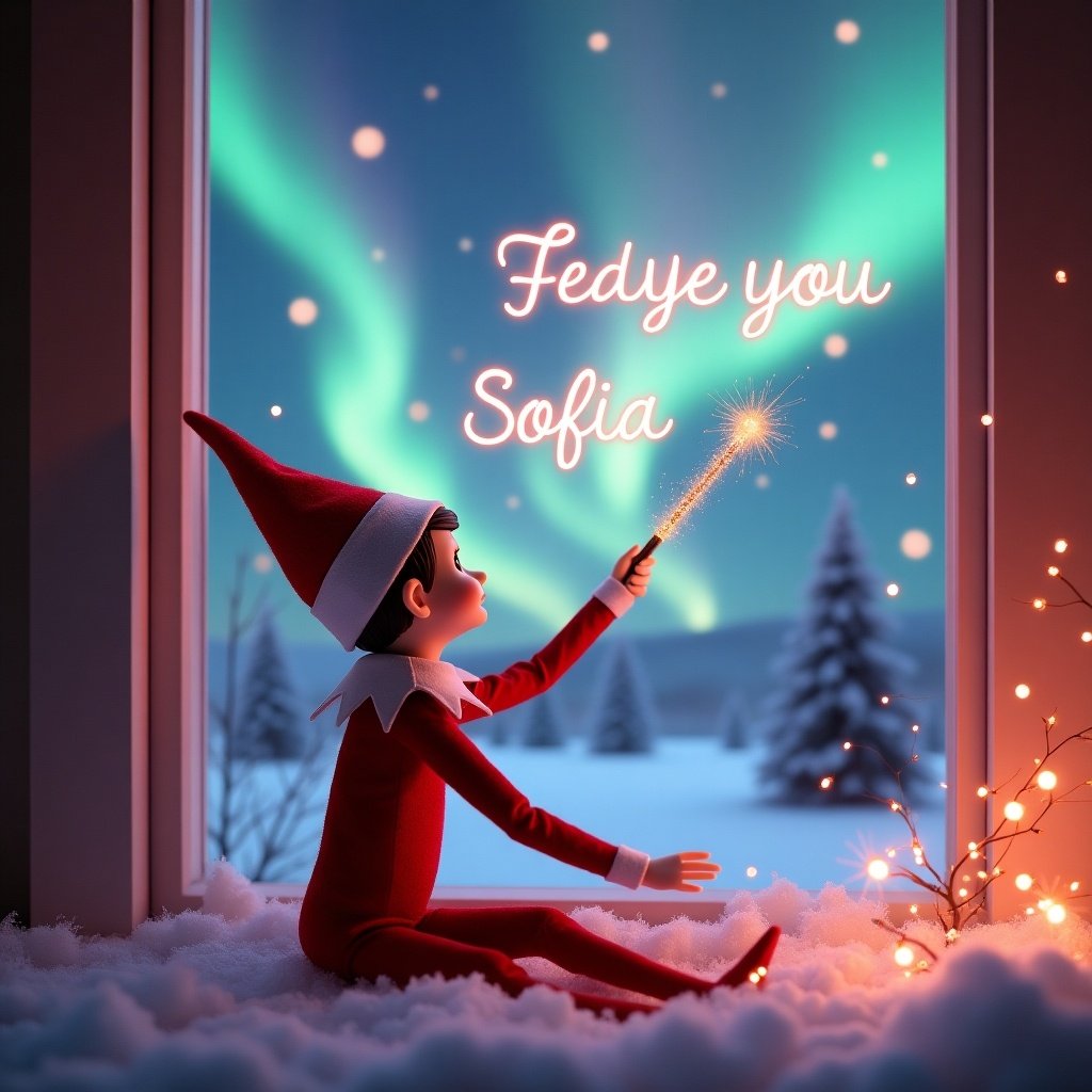 This image captures a charming scene featuring a girl elf on the shelf. The elf is dressed in a classic red outfit and is positioned with its back to the viewer. It gazes upwards towards a captivating sky illuminated by vibrant northern lights. In one hand, the elf holds a magic wand, which it uses to elegantly write the names Sofia in sparkling letters above. The snowy ground enhances the serene and magical atmosphere of this holiday moment. It's a festive celebration of joy suitable for the Christmas season.