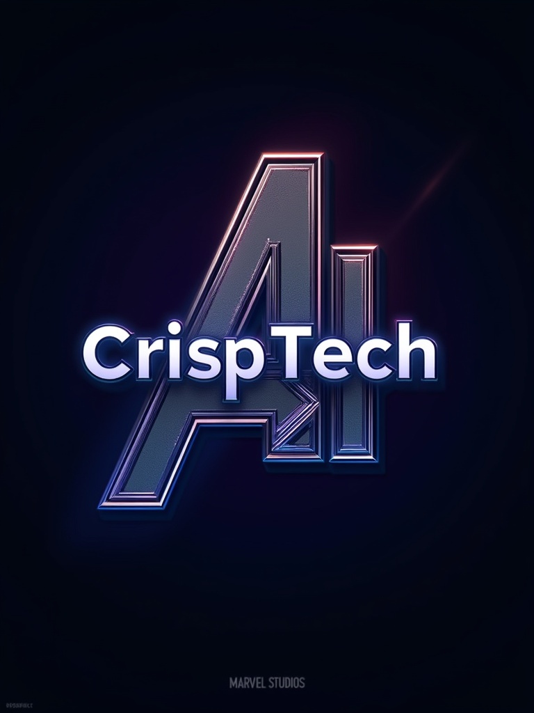 Sleek studio logo for CrispTech AI inspired by Marvel Studios. Bold metallic finish. Deep blue and purple tones. Strong modern fonts. Subtle glow around edges. Focus on logo text. Transparent background.