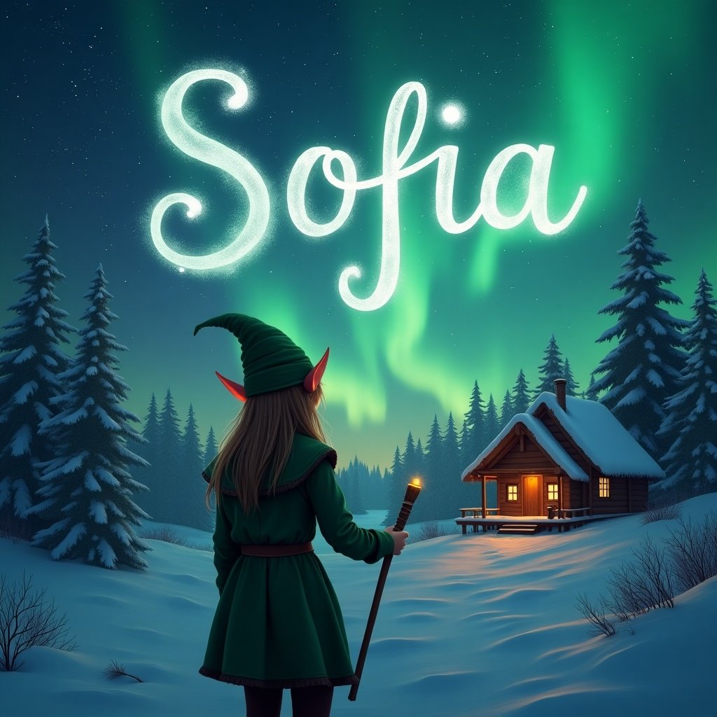 An elf with back facing viewer writes in the air with a wand. Magical northern lights backdrop with cozy cabin. Name Sofia inscribed in sky.