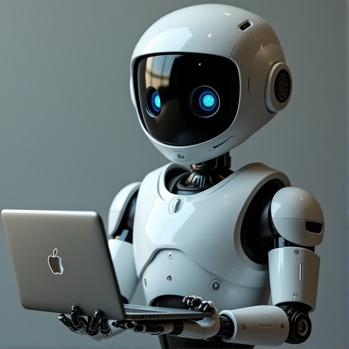 A futuristic robot is holding and looking at a laptop.