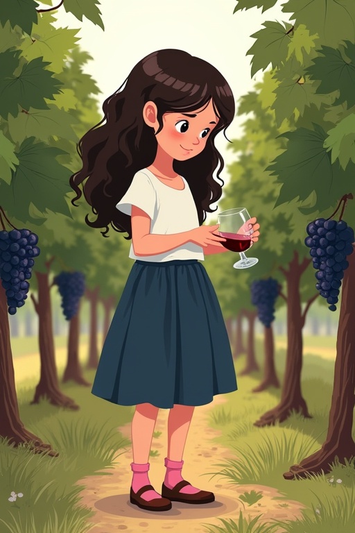 A girl aged 10 with long curly dark brown hair. She wears a white top and dark blue skirt. Her socks are pink. She stands next to vines while checking grapes with a glass of wine in her hand.