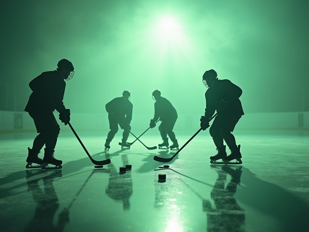 The image captures the silhouettes of hockey players on an ice rink. The players are in motion, skating and practicing with pucks scattered in front of them. The color palette is predominantly green and misty, creating a serene atmosphere. The lighting is soft, accentuating the shapes of the players against the ice. This scene conveys a sense of passion and dedication to the sport of ice hockey, making it appealing for sports-related uses.