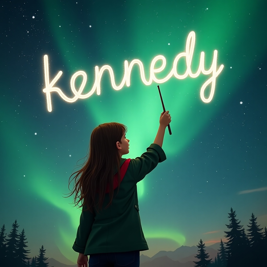 A girl scout elf with brown hair stands facing the sky, holding a magic wand. She is writing the name 'kennedy' in the air, creating a glowing effect like the northern lights. The background is filled with a starry night sky and silhouettes of trees. The scene evokes a sense of wonder and creativity. It's a magical moment capturing the girl's imagination and the beauty of nature.