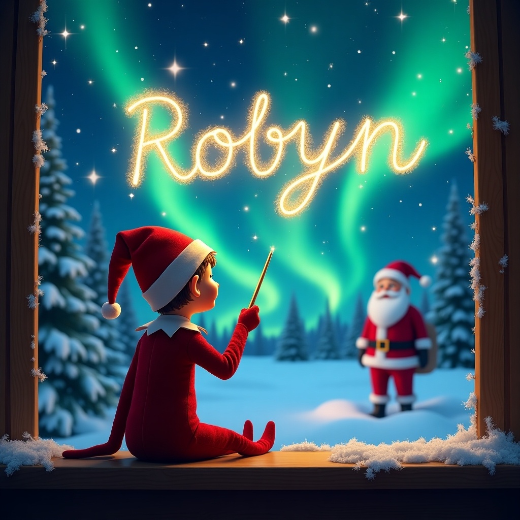 In a magical Christmas scene, an elf on the shelf sits with his back to the viewer, gazing up at a dazzling sky. He holds a wand, using it to write the name 'Robyn' in bright, sparkling letters against the backdrop of vibrant northern lights. The snow-covered landscape is adorned with pine trees, and in the distance, Santa Claus stands, watching the enchanting display. This whimsical illustration captures the essence of holiday cheer and wonder, appealing to both children and adults alike. The colors are rich and festive, emphasizing the joy of the season.