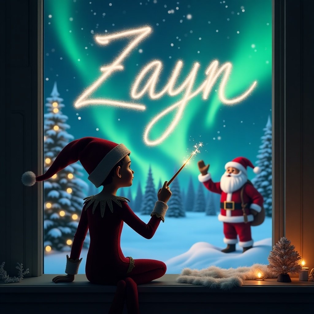 A dark-skinned Elf on the Shelf sits with his back to the viewer, gazing at a magical night sky. He holds a wand and elegantly writes the name 'Zayn' in shimmering light. The background features a beautiful winter scene with Santa Claus cheerfully waving. The northern lights dance in vivid greens and blues above them, adding to the enchanting atmosphere. The interior is warm and inviting, contrasting the cold outside with festive decorations. This image captures the joy of the holiday spirit, blending fantasy and tradition perfectly.