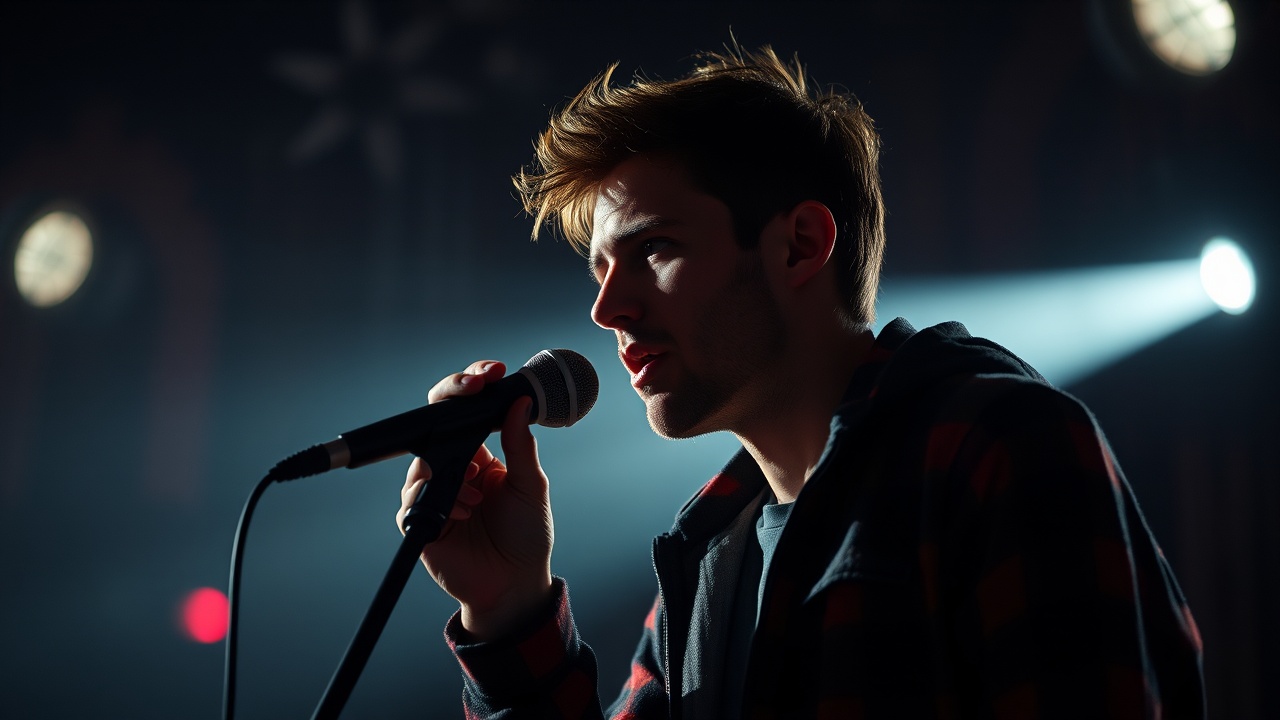 a singer holding a microphone on stage with dramatic lighting