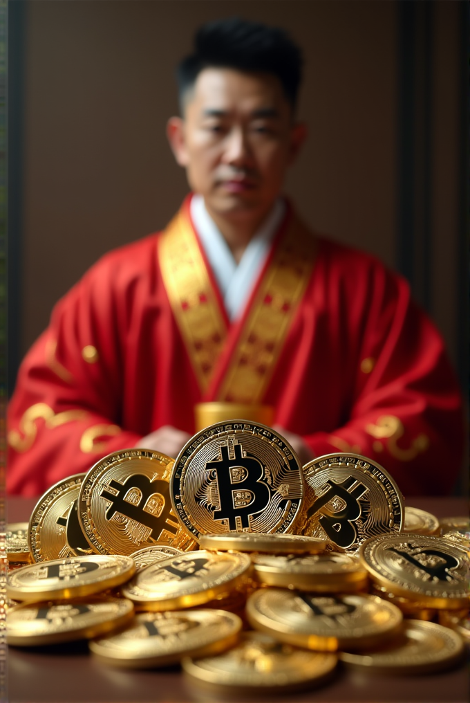 A person in traditional attire sits behind a pile of golden Bitcoin coins.