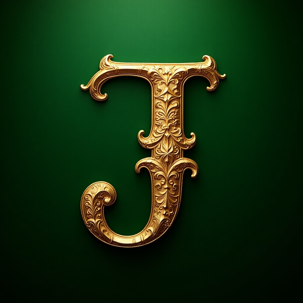 Luxurious golden letter J with intricate engravings on rich green background.