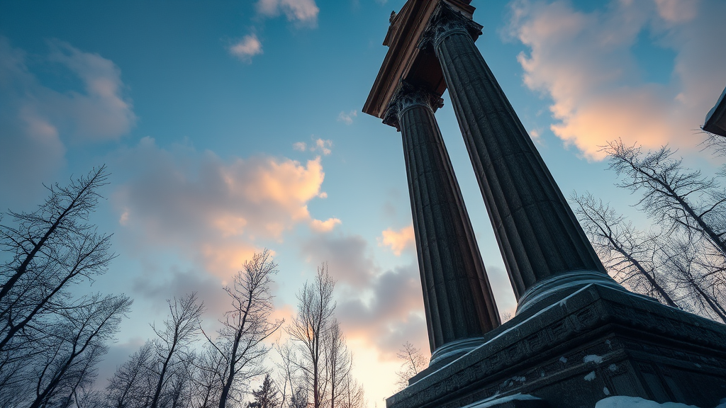 The image features two grand columns with intricate capitals beneath a sky of soft pink and orange hues at sunrise, surrounded by silhouetted bare trees.