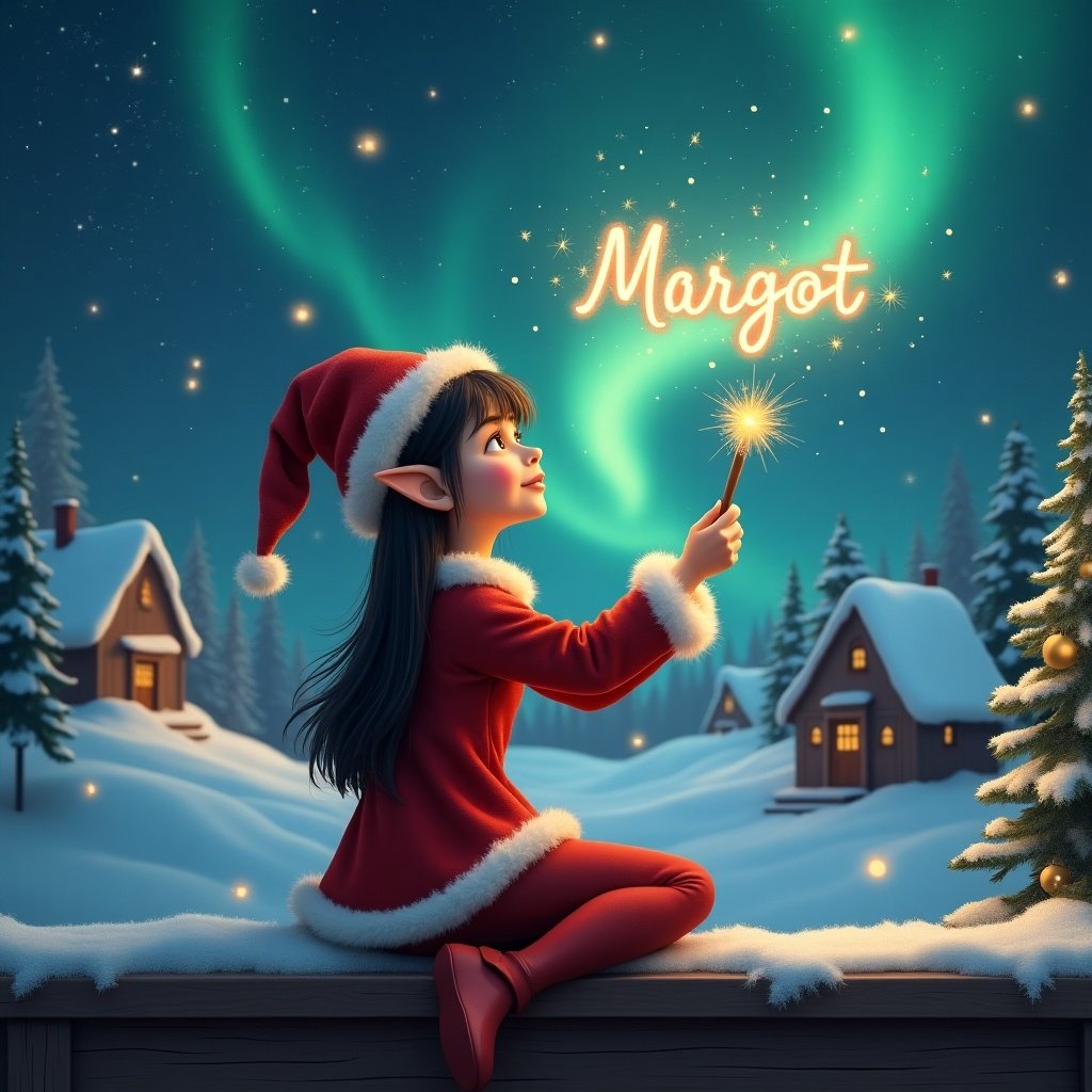 A female elf with dark hair and eyes is seated on a wooden ledge, facing the camera. She gazes up at a magical sky filled with stars and vibrant Northern Lights. Dressed in a festive red outfit and a pointed hat, she holds a sparkling wand. With elegance, the elf writes the name 'Margot' in the air as it glimmers. Surrounding her is a serene snowy landscape, dotted with charming little houses and evergreen trees, capturing the essence of childhood magic and Christmas cheer.