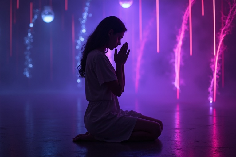 Woman kneeling in prayer with a mystical aesthetic background. Soft lighting with an EDM effect. Room filled with neon lights and a foggy ambiance.