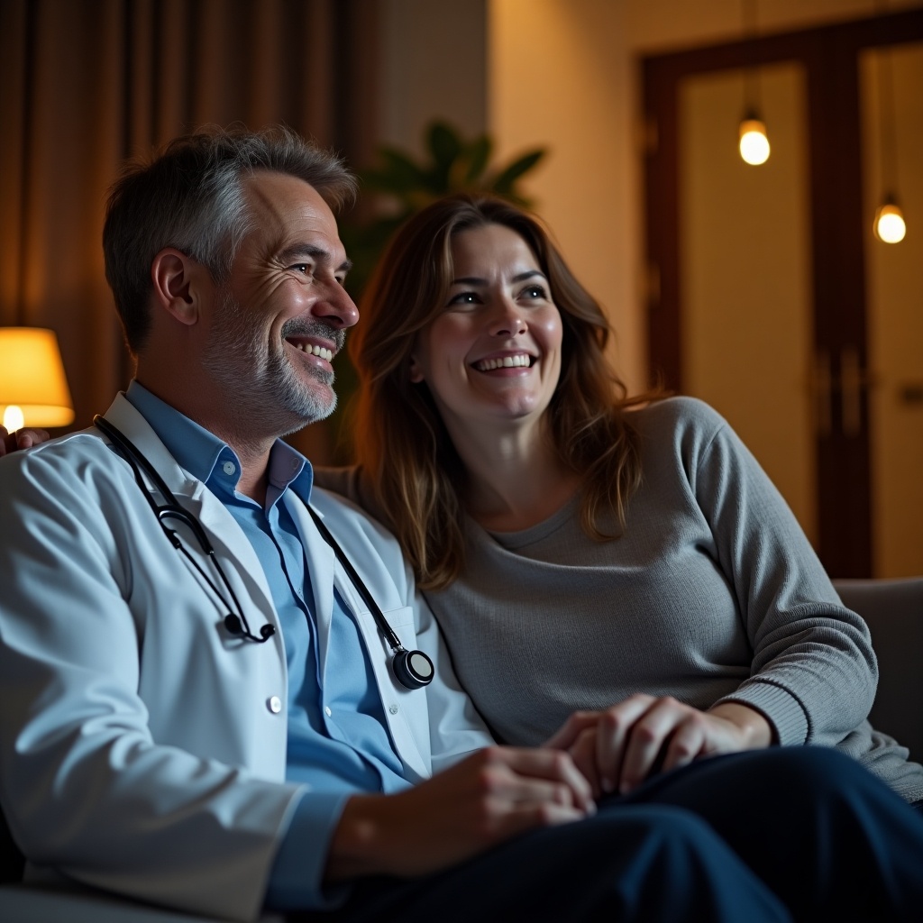 This image shows a doctor and a woman sitting together on a couch, watching a movie. The doctor is wearing a white coat and has a stethoscope around his neck. Both individuals are smiling and enjoying each other’s company. The room is softly lit, creating a warm and inviting atmosphere. The woman, who has brown hair, is in her 40s with a fuller figure, and she holds the doctor's hand as they share this moment. This scene reflects a relaxed context outside of a medical environment.