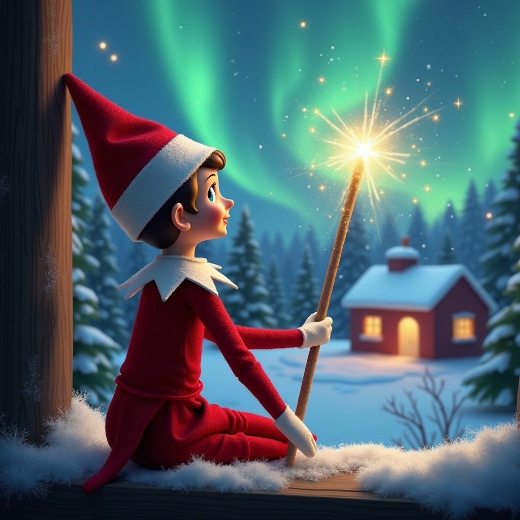 Elf on the shelf sits with back to viewer. Elf gazes skyward while holding glowing wand. Christmas scene with colorful northern lights. Cozy house in distance. Snow on ground. Elf embodies magic and wonder of Christmas. Name Aria and Kenzie appears in air from wand.