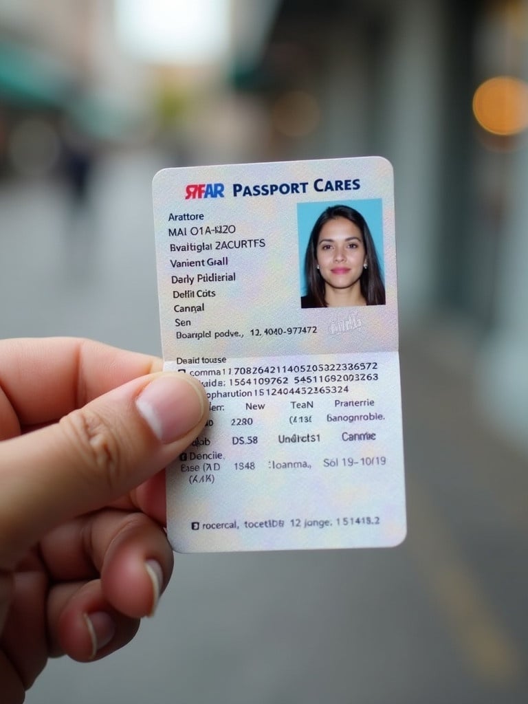 Passport ID card held in a hand. The card contains personal details for identification.