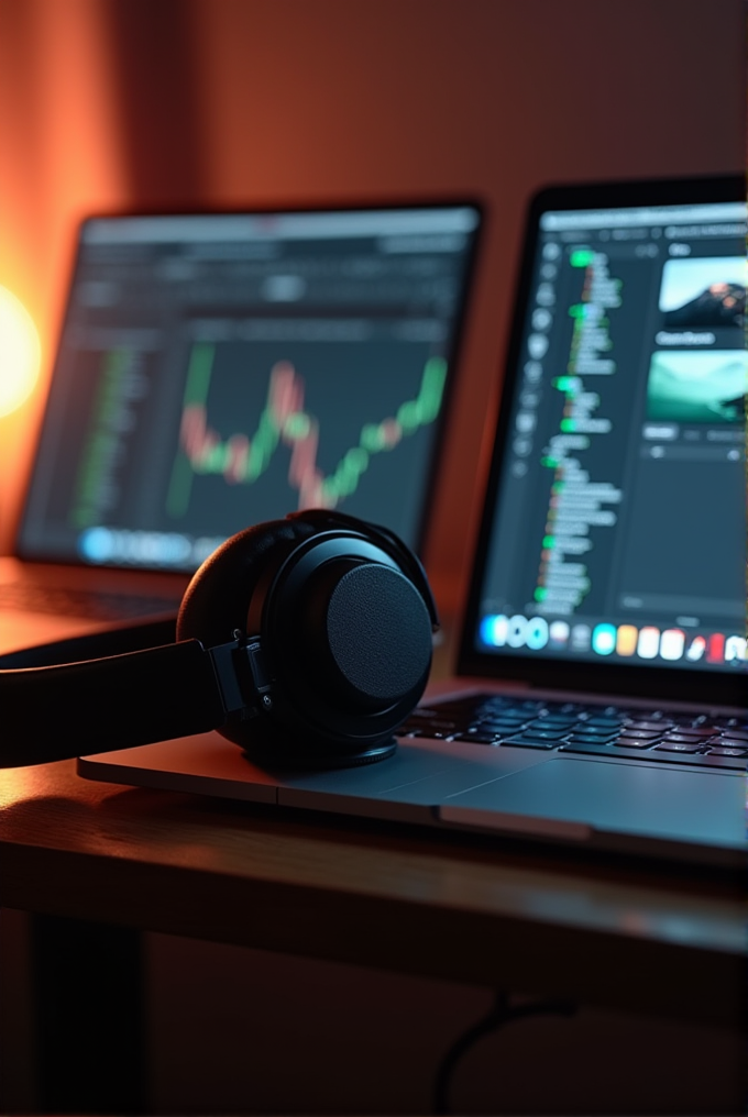 A pair of headphones rests on a laptop with stock charts on the screens in a dimly lit room.