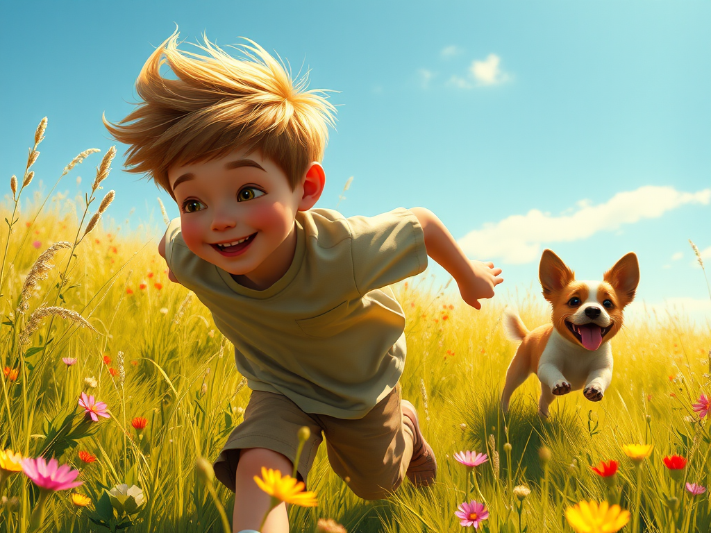 A young child and a small dog joyfully run through a sunlit meadow filled with flowers.