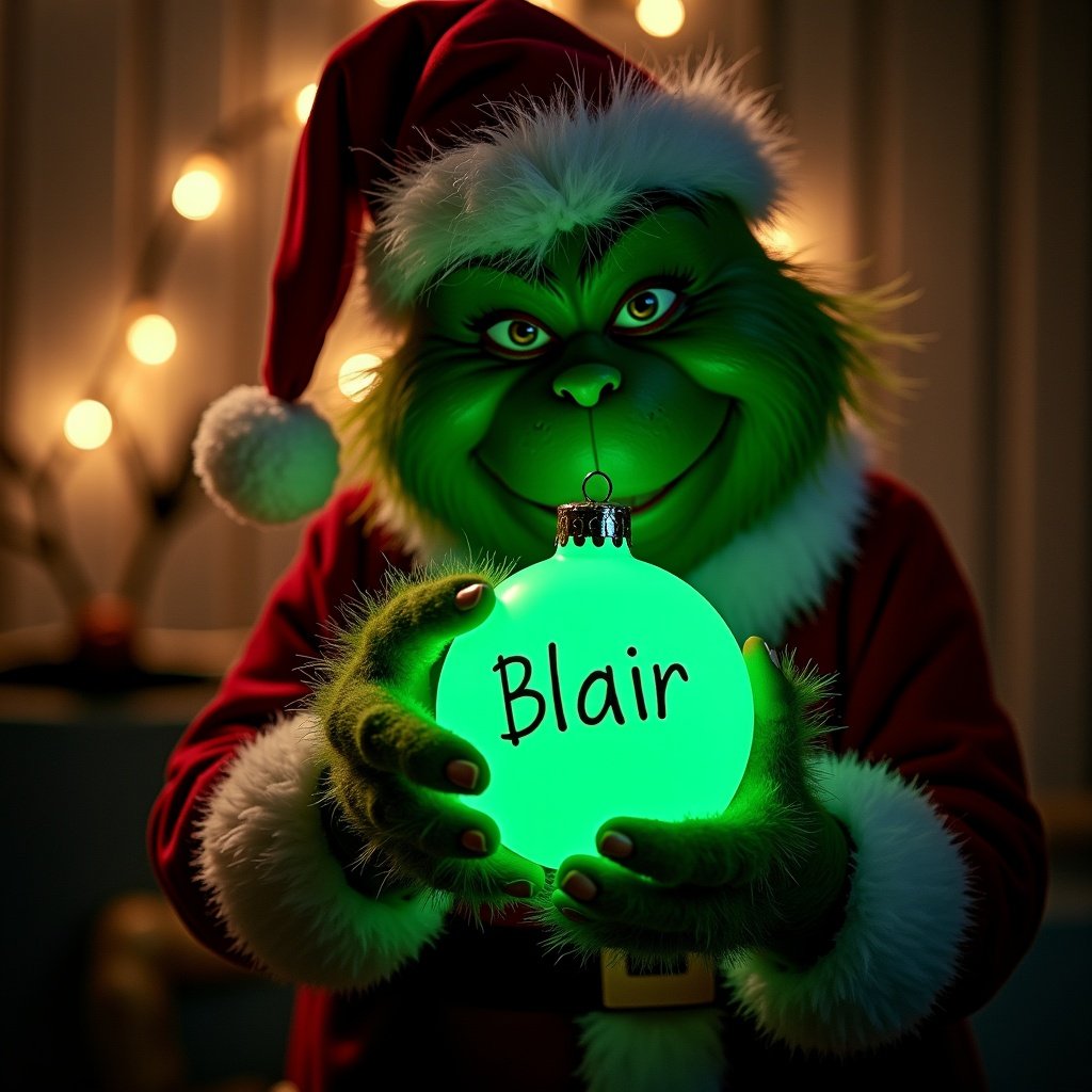 A Grinch character holding a glowing green bauble with the name Blair. The setting is festive with soft lighting and holiday decorations.