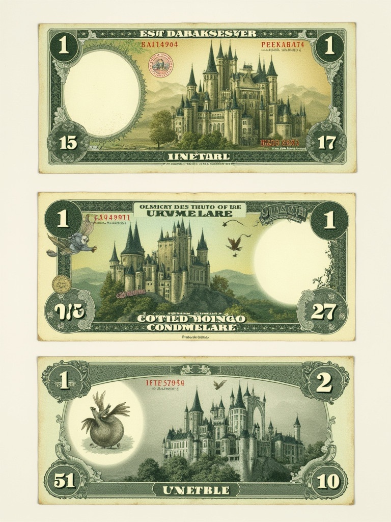 This image showcases unique banknotes featuring illustrations of castles. Each note has distinct design elements. The color palette uses green and beige tones. The designs evoke fantasy and charm. Ideal for art enthusiasts and currency collectors. Creative visuals blend with functionality.