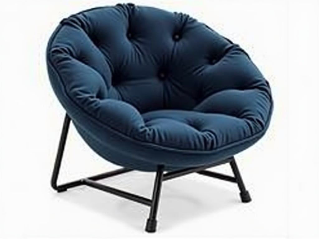 The image shows a comfortable round chair with a plush, cushioned seat. The chair is upholstered in a dark blue fabric and features a soft, tufted design. It has an open, inviting shape resembling a bowl or a moon, hence often called a moon or saucer chair. The chair rests on a sturdy, foldable metal frame with a simple and modern design. This versatile piece of furniture is suitable for a bedroom, living room, or any casual seating area.