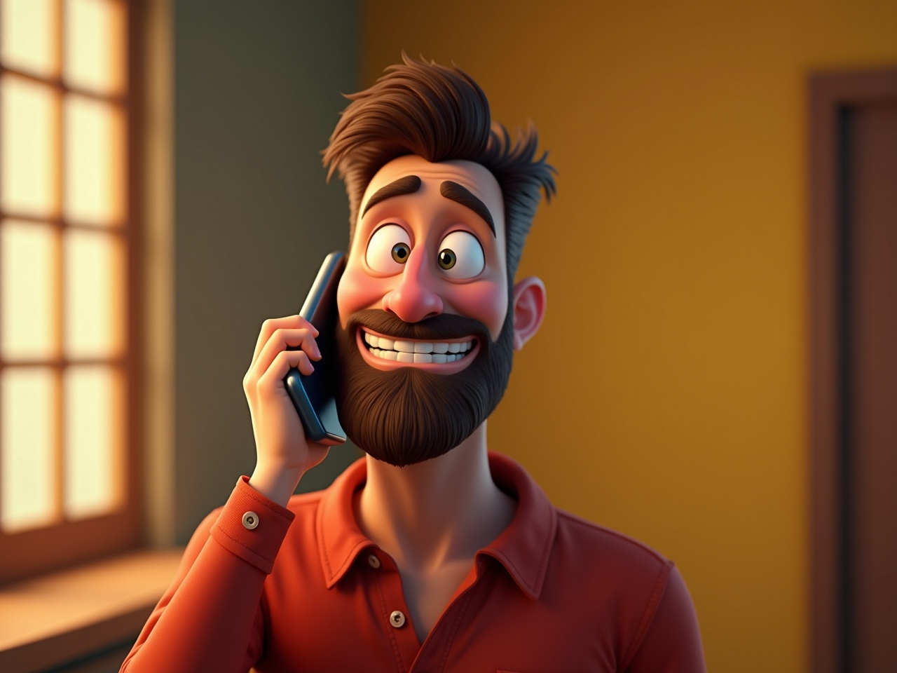 A joyful animated character is seen talking on a cell phone. He has an excited facial expression, showcasing a big smile and bright eyes. The scene is set in a warm indoor environment with light colors. The character has a neat beard and wears a casual orange shirt. The art style is reminiscent of Pixar animations with detailed textures and vibrant colors. There's a cozy atmosphere in the background, adding to the cheerful vibe.