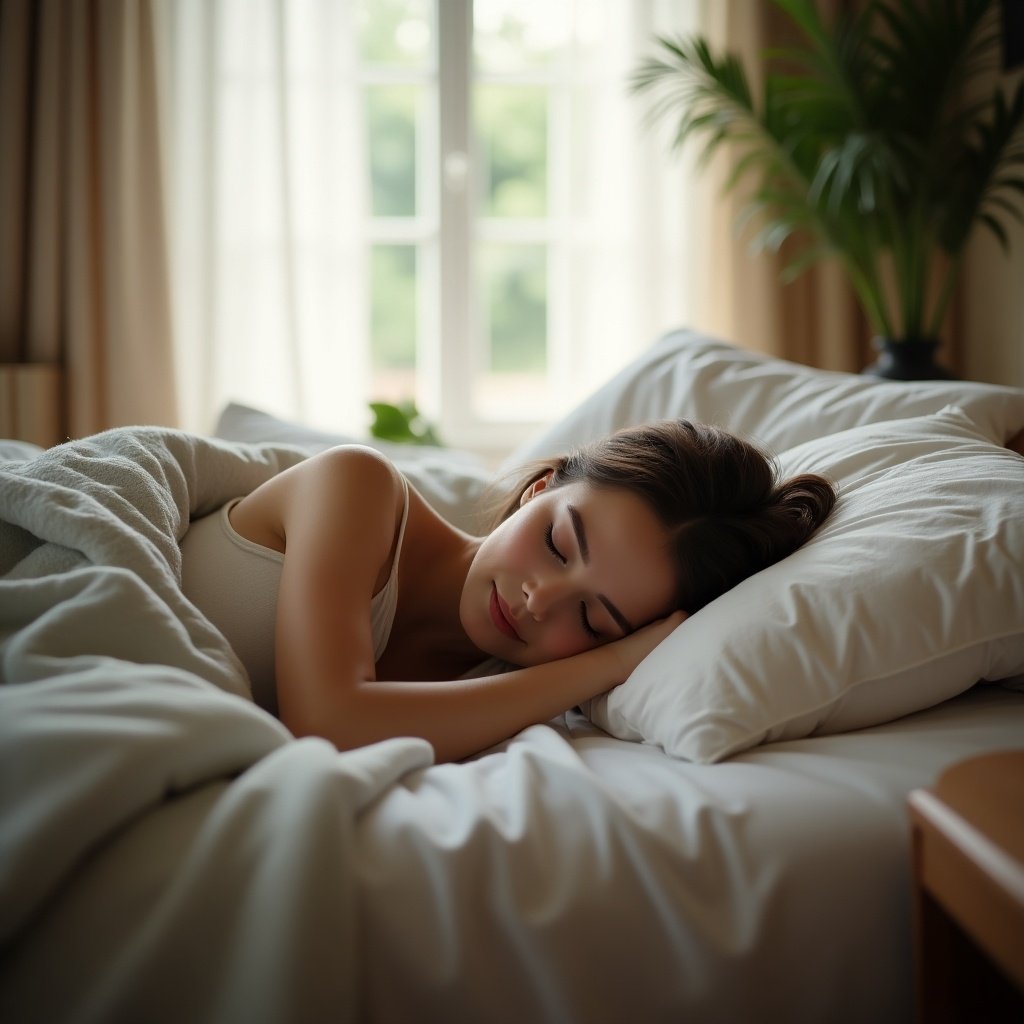 A woman sleeping peacefully on a bed with plush pillows. Natural light illuminates the room from a nearby window. A green plant is visible in the background. The bedding appears soft and inviting.